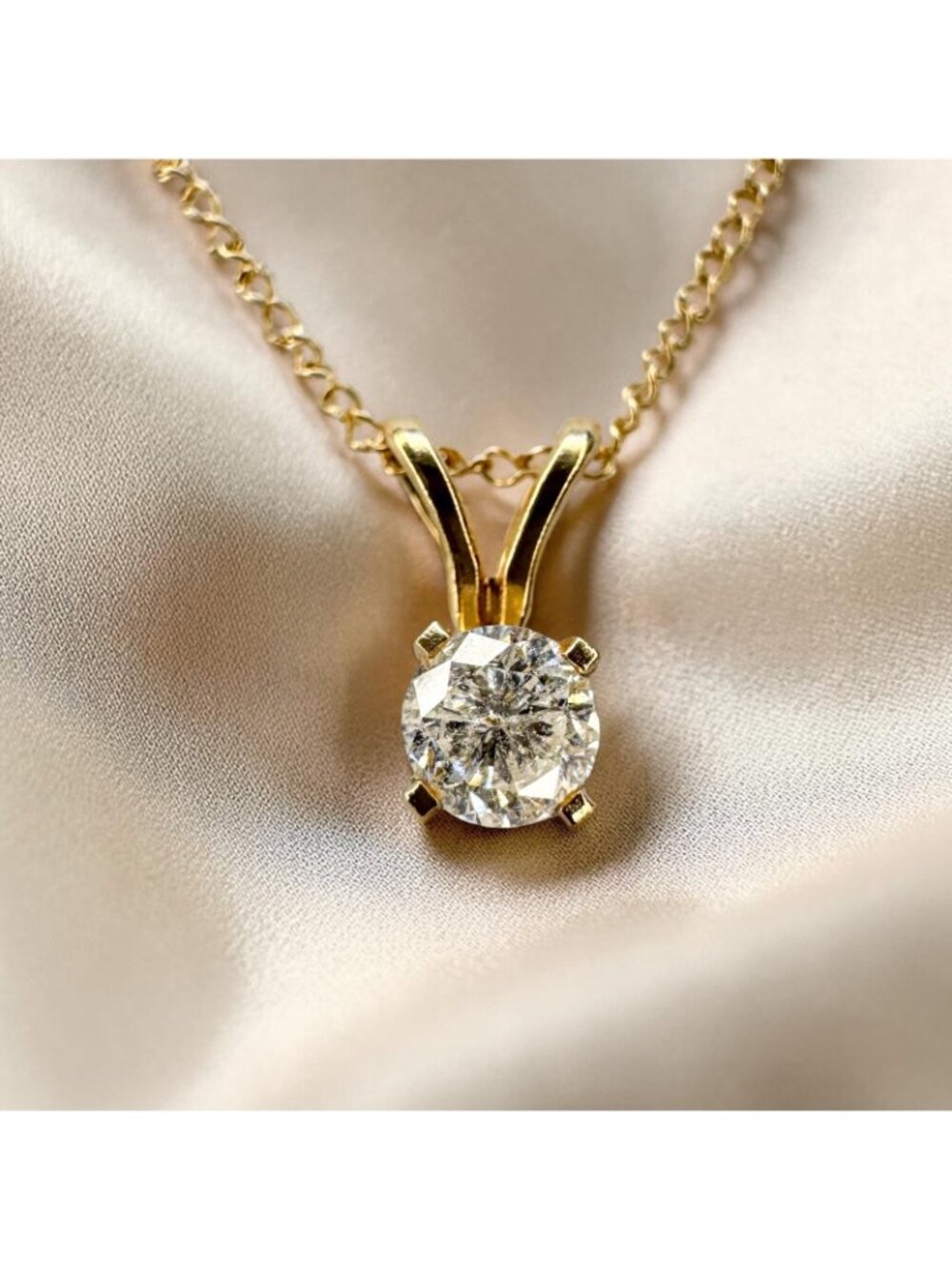 Estate- 14K Gold Natural Diamond Necklace 1/3CT Round Cut Solitaire -16" Dainty - Picture 11 of 16